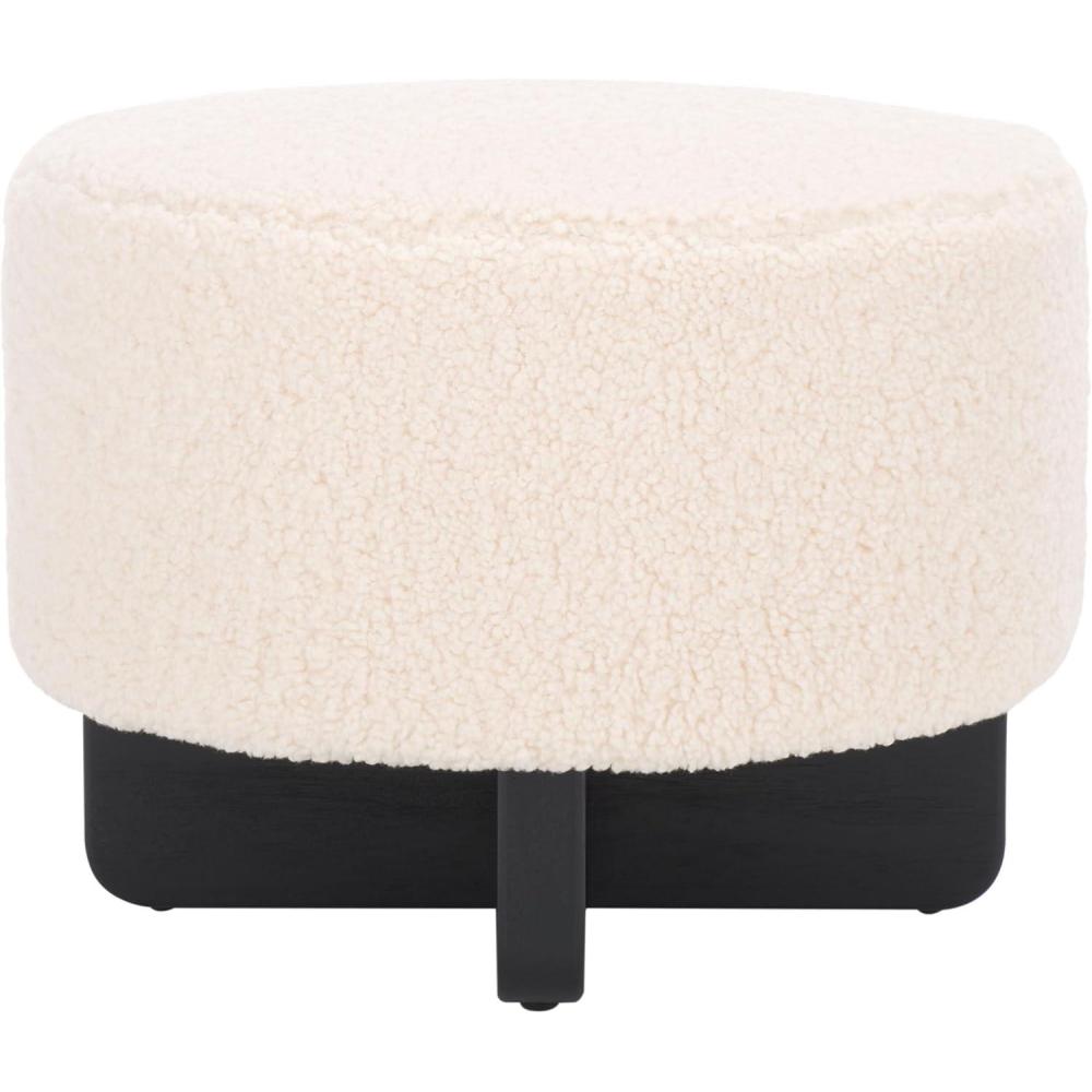 image:imageSAFAVIEH Home Collection Alistair OffWhite Faux ShearlingBlack Solid Wood Round Ottoman Fully AssembledOff WhiteBlack