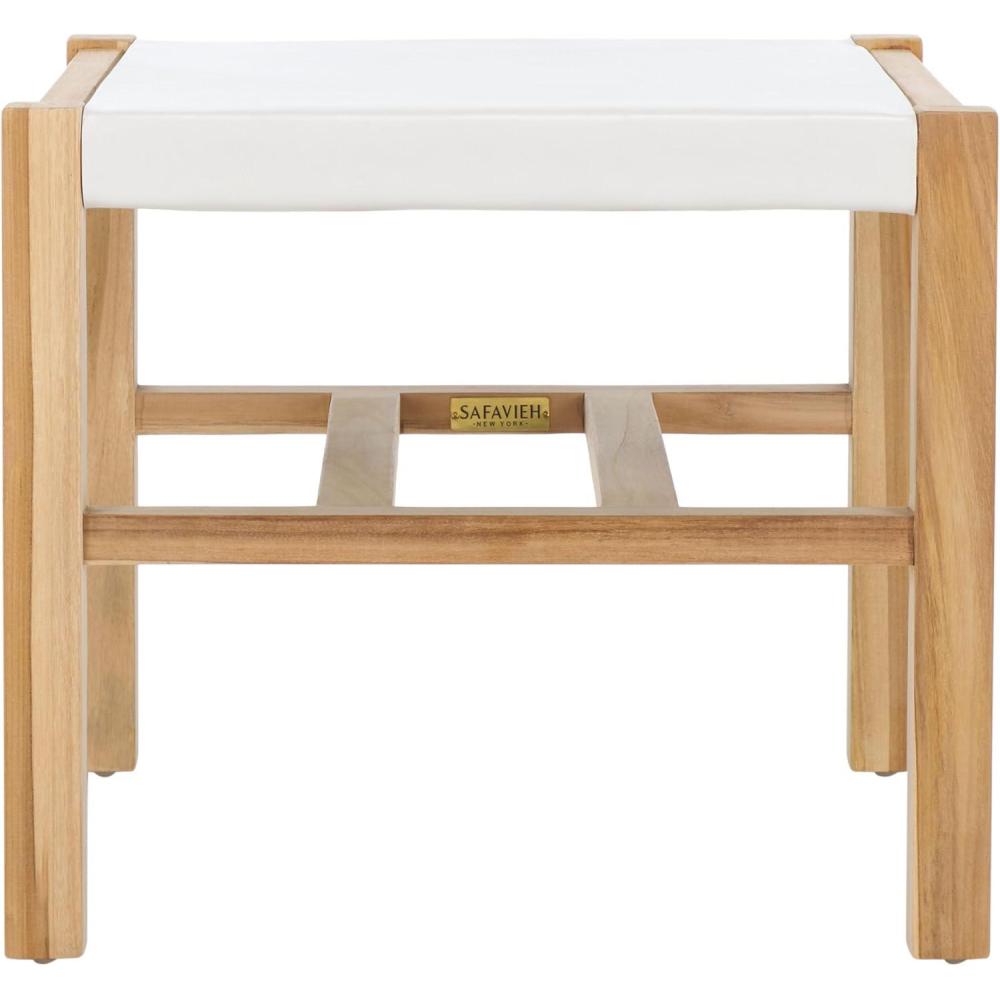 image:imageSAFAVIEH Home Collection Solana White LeatherNatural Teak Solid Wood Ottoman Fully AssembledWhiteNatural
