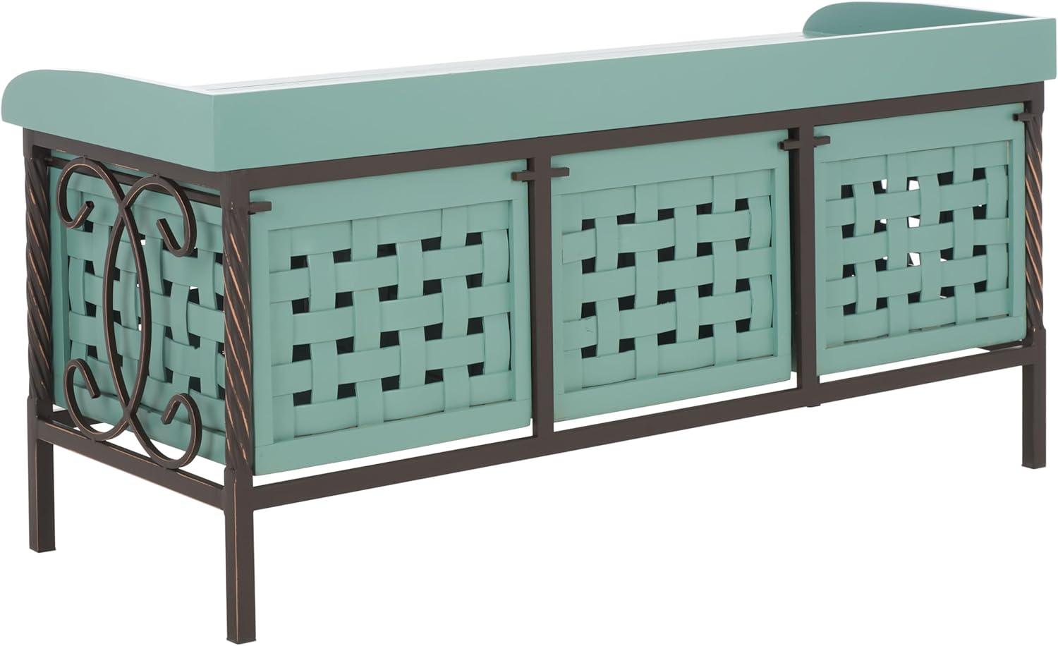 image:imageSAFAVIEH Home Collection Isaac Oak Wooden Storage Bench with Drawers Entryway amp Mudroom Seating Iron Frame Design Fully Assembled AMH6530EDusty Green