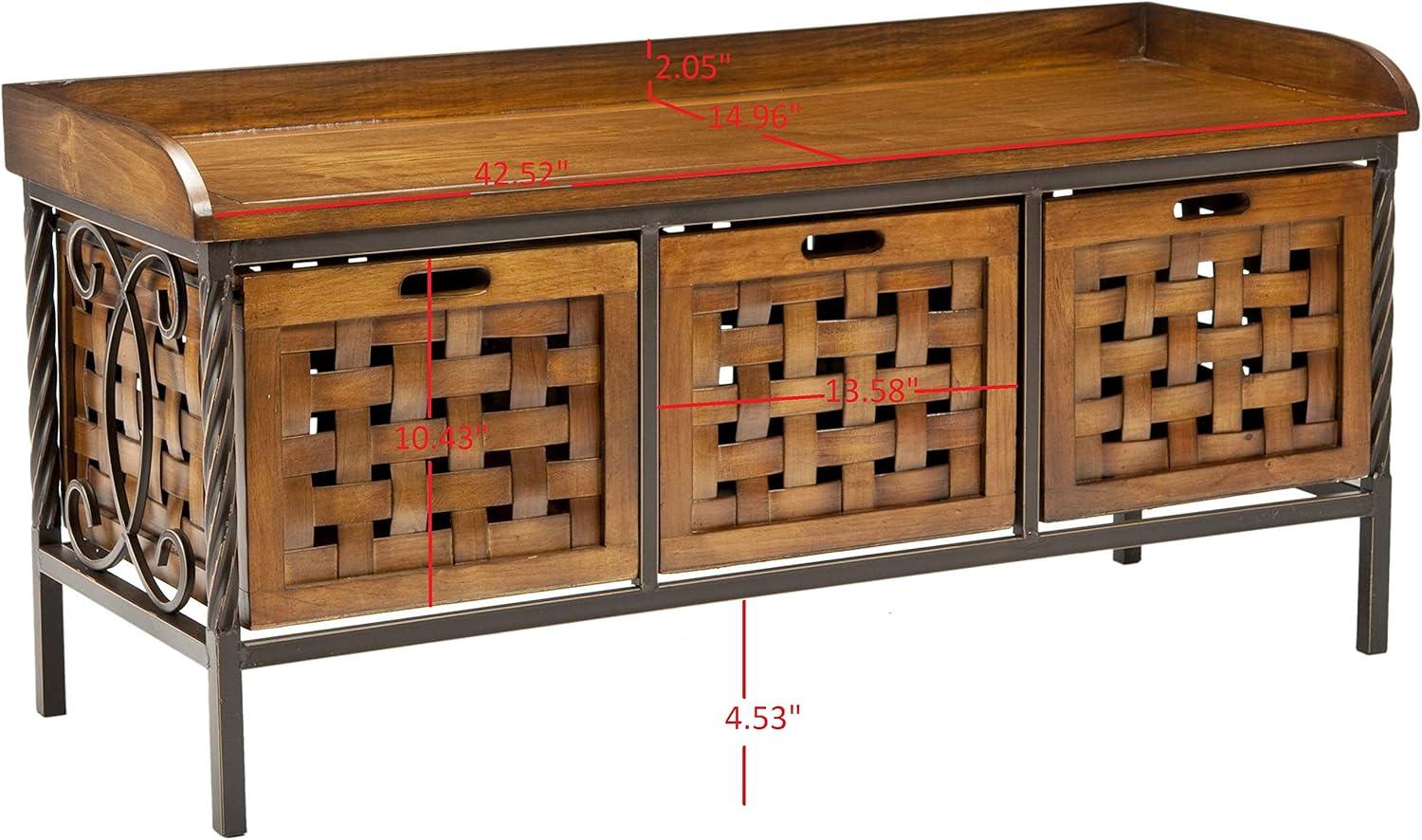 image:imageSAFAVIEH Home Collection Isaac Oak Wooden Storage Bench with Drawers Entryway amp Mudroom Seating Iron Frame Design Fully Assembled AMH6530EHoney Oak