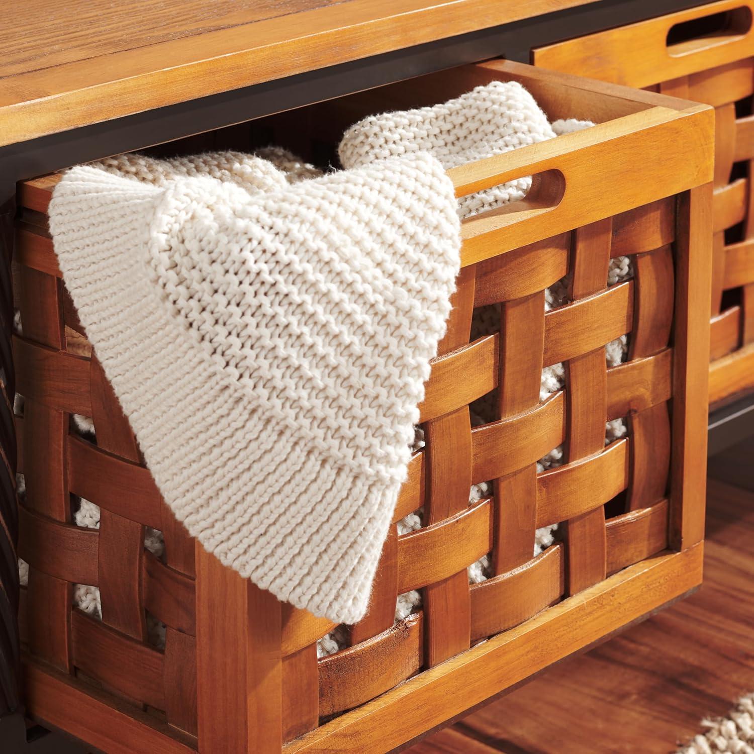 image:imageSAFAVIEH Home Collection Isaac Oak Wooden Storage Bench with Drawers Entryway amp Mudroom Seating Iron Frame Design Fully Assembled AMH6530EHoney Oak