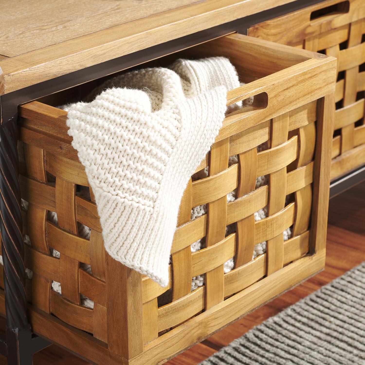 image:imageSAFAVIEH Home Collection Isaac Oak Wooden Storage Bench with Drawers Entryway amp Mudroom Seating Iron Frame Design Fully Assembled AMH6530EOak