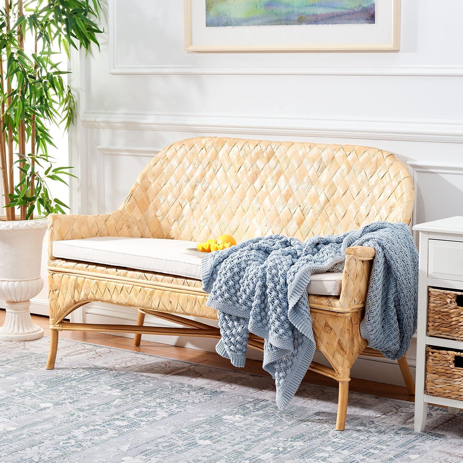 image:imageSAFAVIEH Home Collection Chorus Coastal NaturalWhite Cushion Woven Sofa Bench Fully Assembled