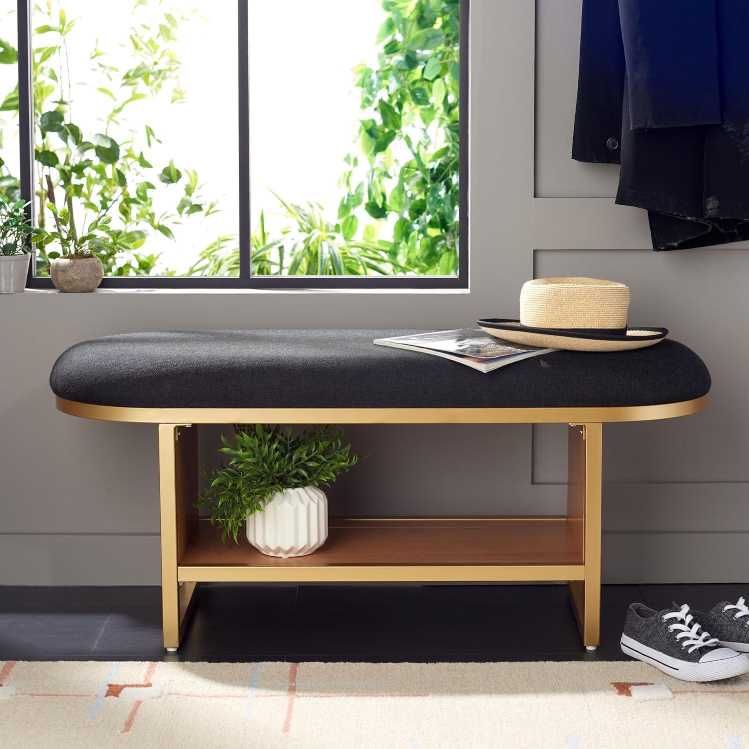 image:imageSAFAVIEH Home Collection Iona Dark GreyWalnut Open Shelf Bench with CushionBlackNatural
