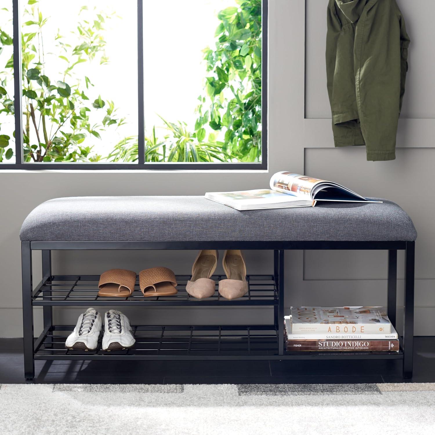image:imageSAFAVIEH Home Collection Milligan BlackBlack Open Shelf Bench with CushionGreyBlack