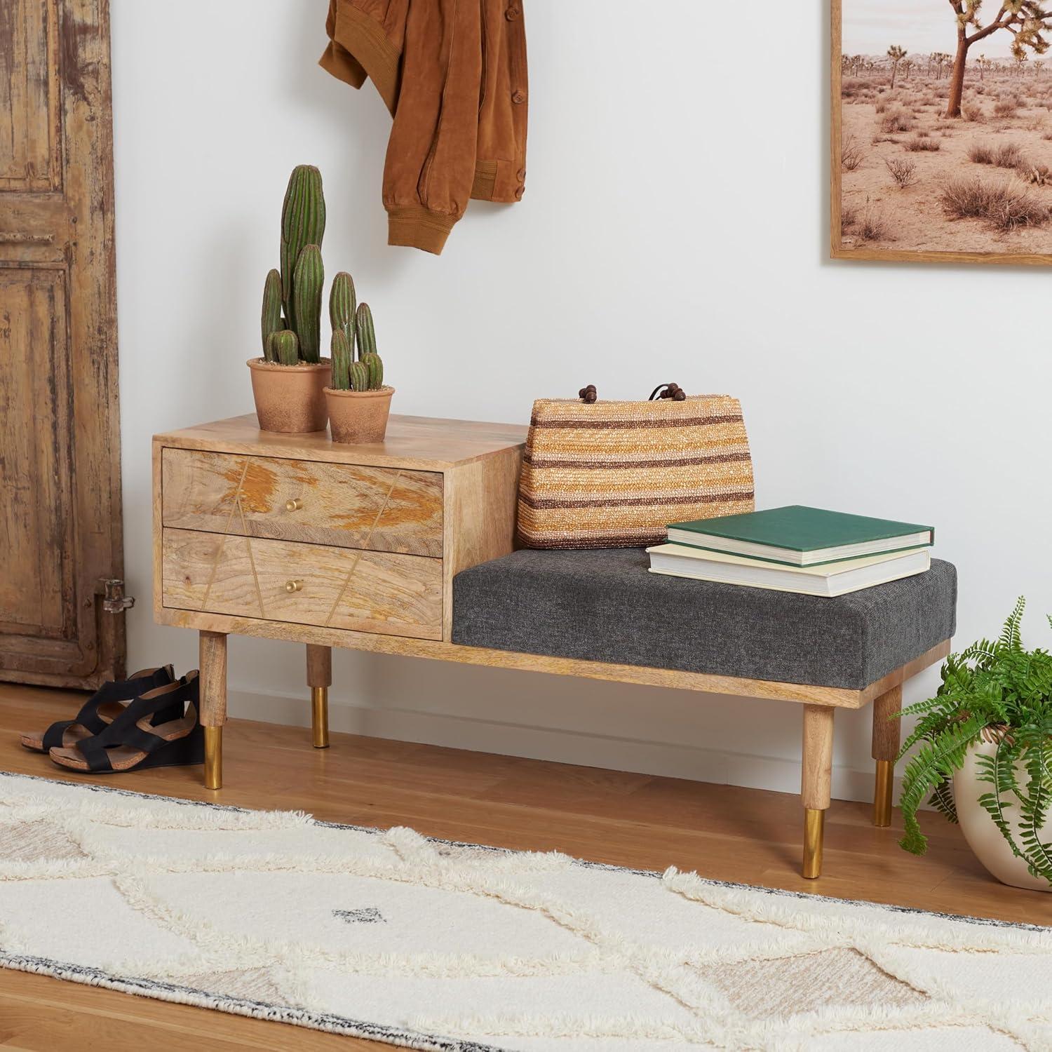 image:imageSAFAVIEH Home Collection TAFT NaturalGrey Fabric Solid Wood 2Drawer Cushion Seated Bench