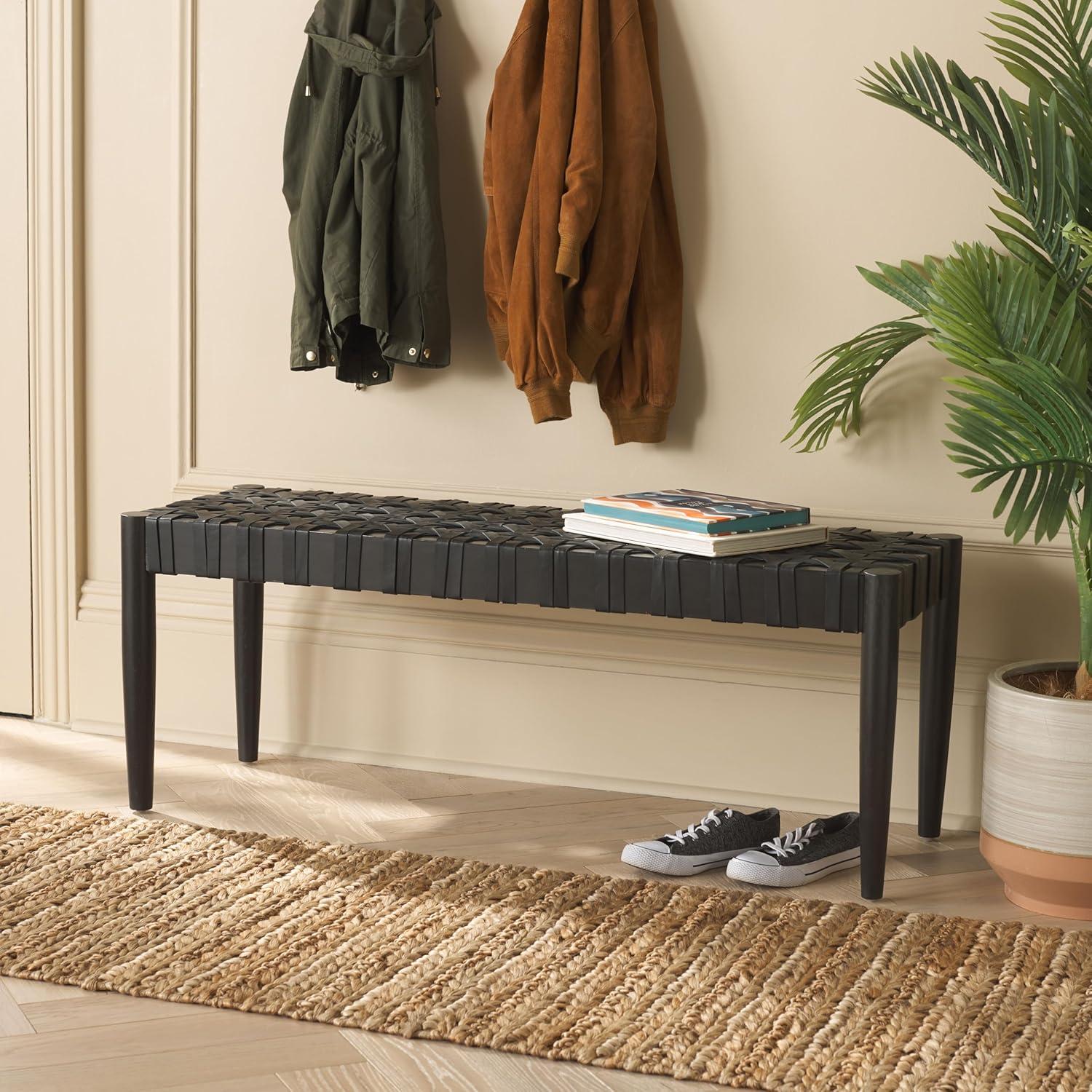 image:imageSAFAVIEH Home Collection Walda Mahogany Solid Wood amp Woven Leather Bench for Foyer Bedroom Dining Room
