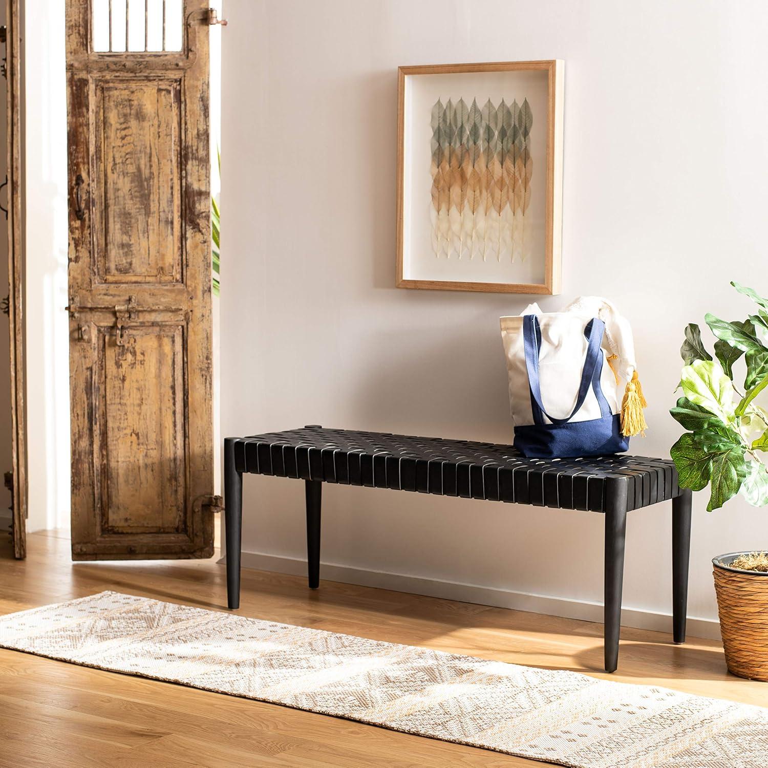 image:imageSafavieh Home Amalia 47inch White and Oak Leather Weave BenchBlack Black