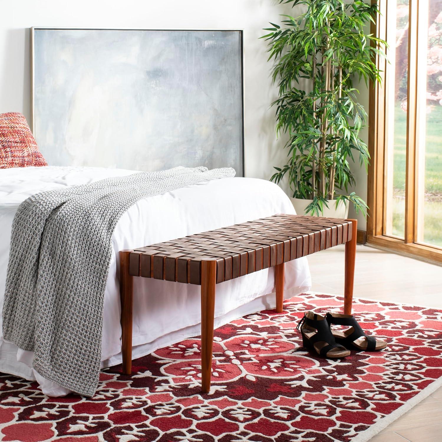 image:imageSafavieh Home Amalia 47inch White and Oak Leather Weave BenchCognac Dark Brown