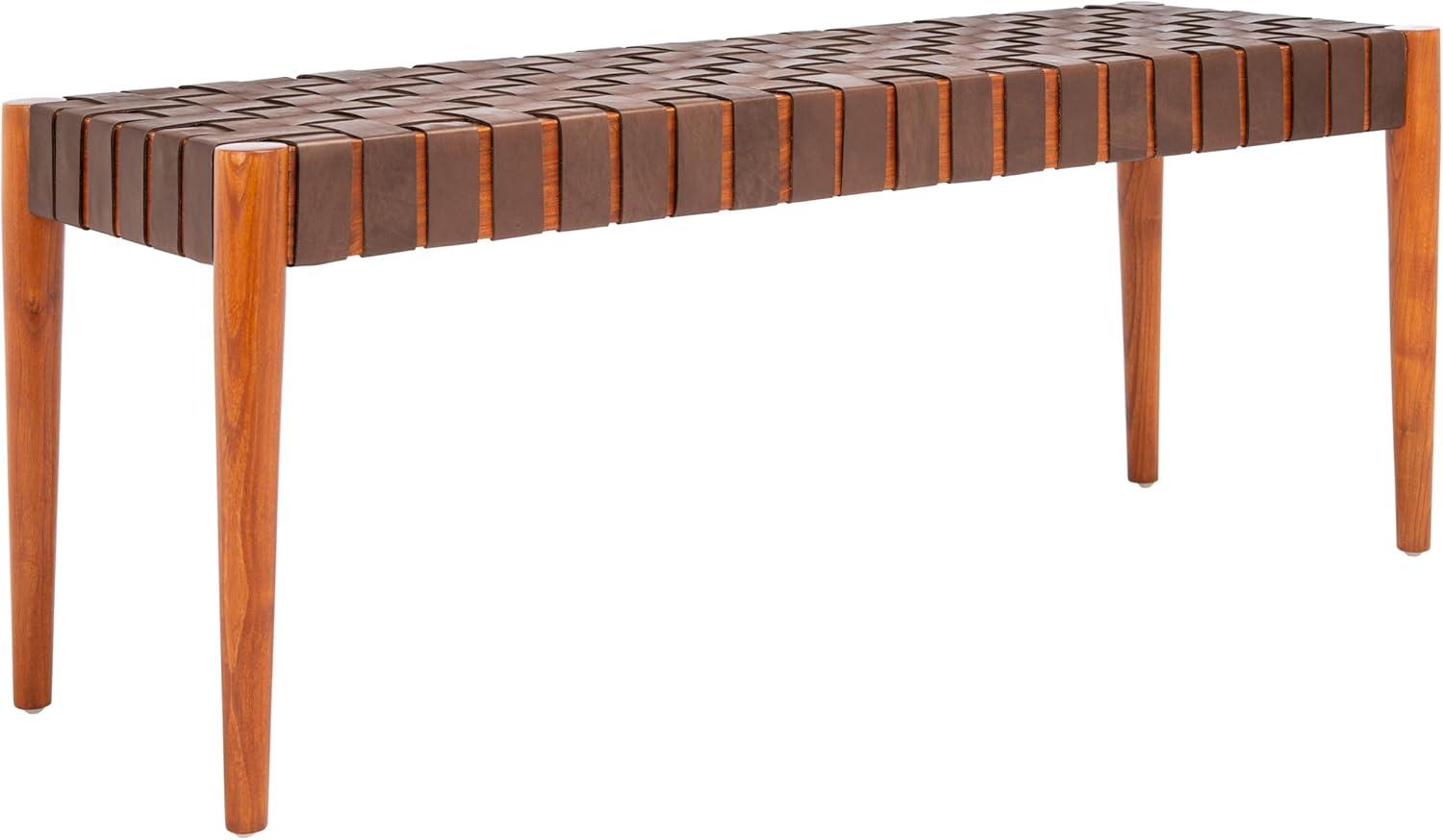 image:imageSafavieh Home Amalia 47inch White and Oak Leather Weave BenchCognac Dark Brown