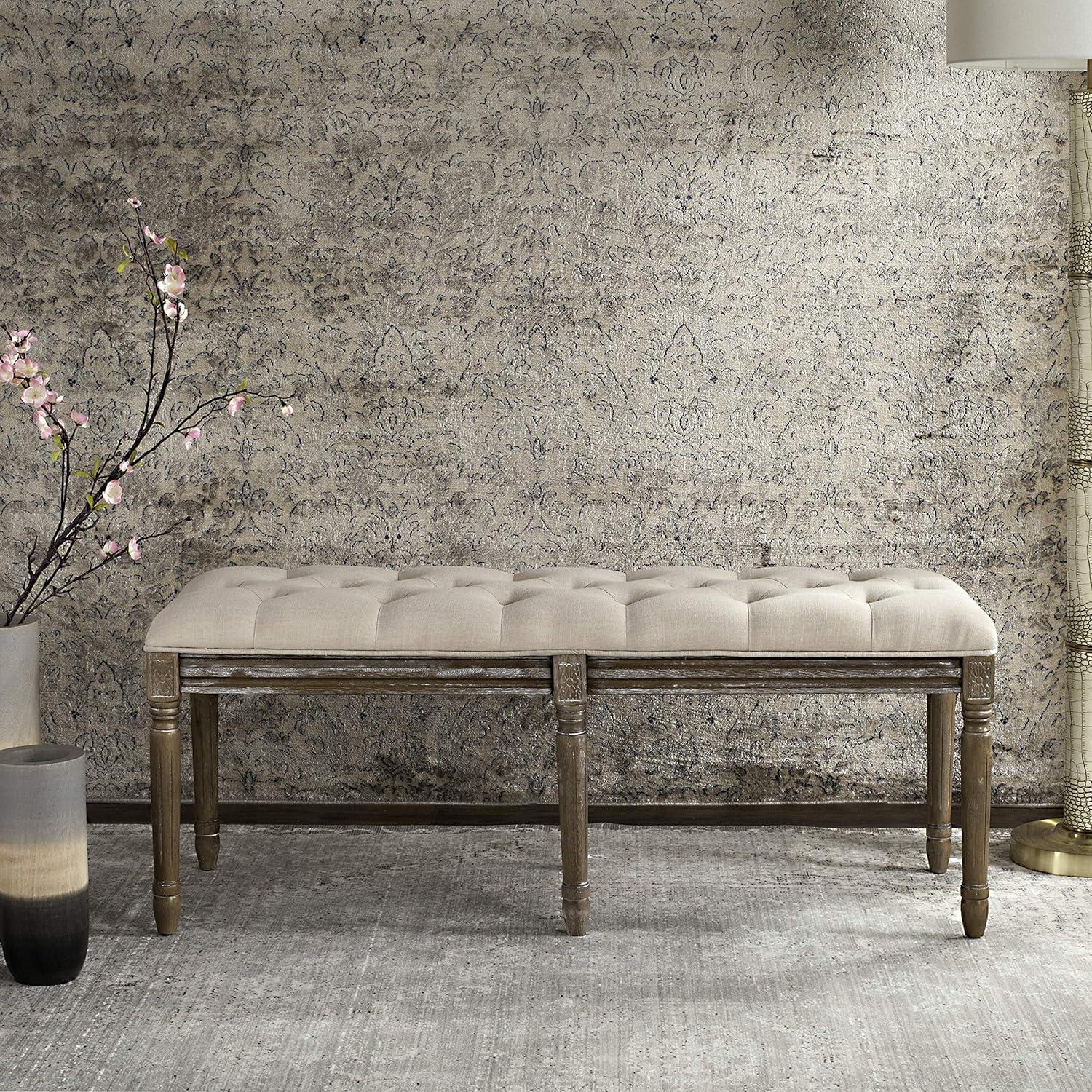 image:imageSafavieh Home Collection Rocha French Brasserie Tufted Grey and Rustic Oak 19inch Wood BenchBeige Rustic Oak