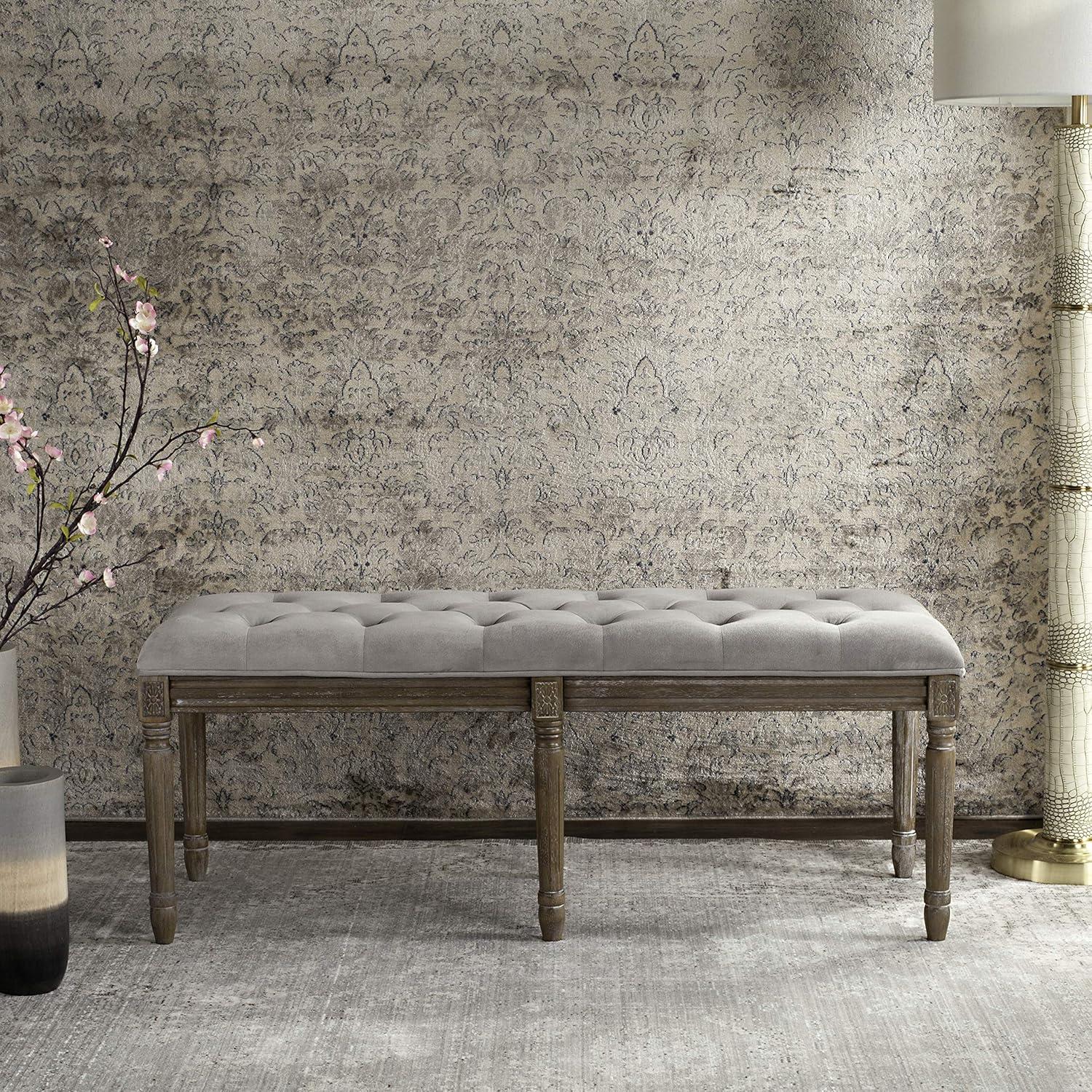 image:imageSafavieh Home Collection Rocha French Brasserie Tufted Grey and Rustic Oak 19inch Wood BenchGrey Rustic Oak