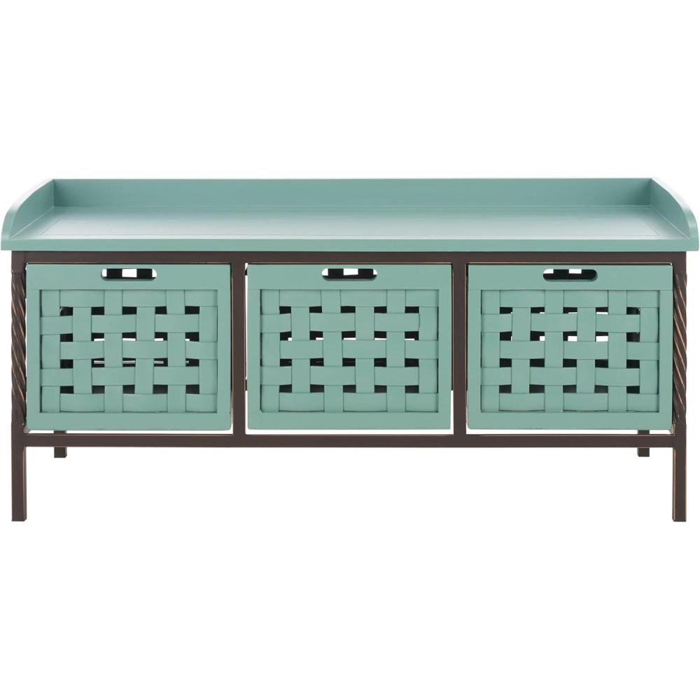 image:imageSAFAVIEH Home Collection Isaac Oak Wooden Storage Bench with Drawers Entryway amp Mudroom Seating Iron Frame Design Fully Assembled AMH6530EDusty Green