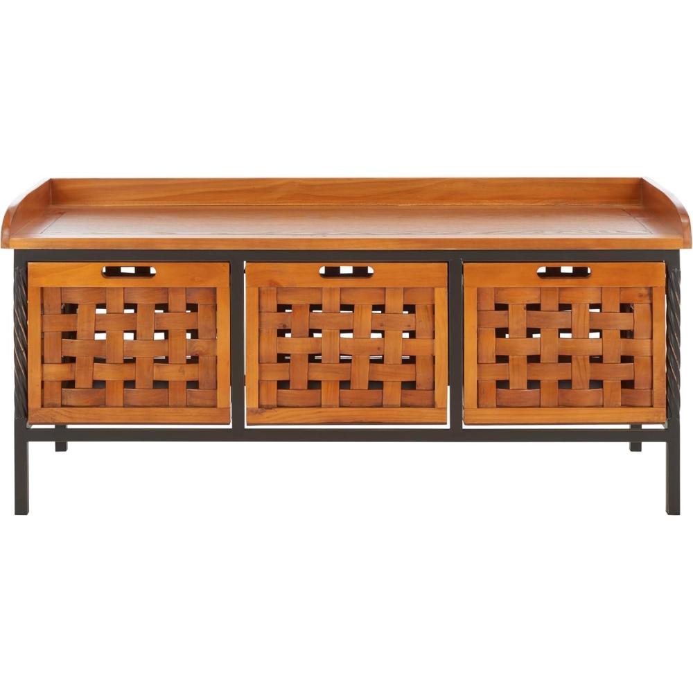 image:imageSAFAVIEH Home Collection Isaac Oak Wooden Storage Bench with Drawers Entryway amp Mudroom Seating Iron Frame Design Fully Assembled AMH6530EHoney Oak