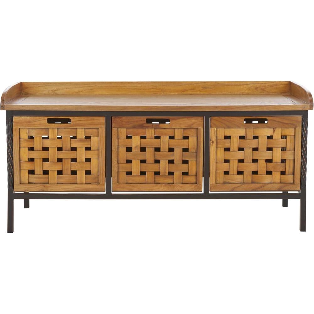 image:imageSAFAVIEH Home Collection Isaac Oak Wooden Storage Bench with Drawers Entryway amp Mudroom Seating Iron Frame Design Fully Assembled AMH6530EOak