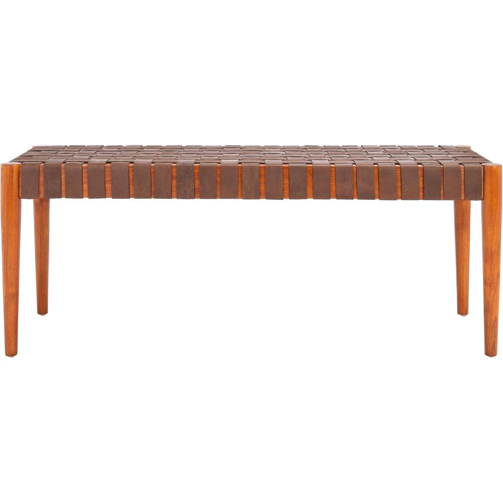 image:imageSafavieh Home Amalia 47inch White and Oak Leather Weave BenchCognac  Dark Brown
