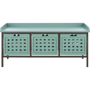 SAFAVIEH Home Collection – Isaac Oak Wooden Storage Bench with Drawers, Entryway & Mudroom Seating, Iron Frame Design, Fully Assembled (AMH6530E)(Dusty Green)