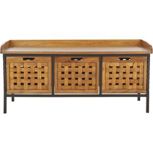 SAFAVIEH Home Collection – Isaac Oak Wooden Storage Bench with Drawers, Entryway & Mudroom Seating, Iron Frame Design, Fully Assembled (AMH6530E)(Oak)