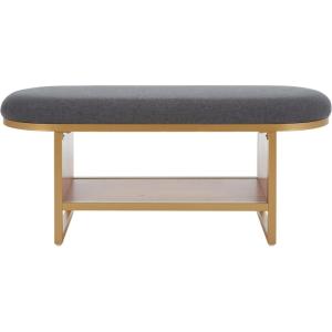 SAFAVIEH Home Collection Iona Dark Grey/Walnut Open Shelf Bench with Cushion(Grey/Natural)