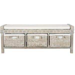 Safavieh FOX6537A Home Collection Kobutsu Rattan Storage Bench, White/Grey Wash