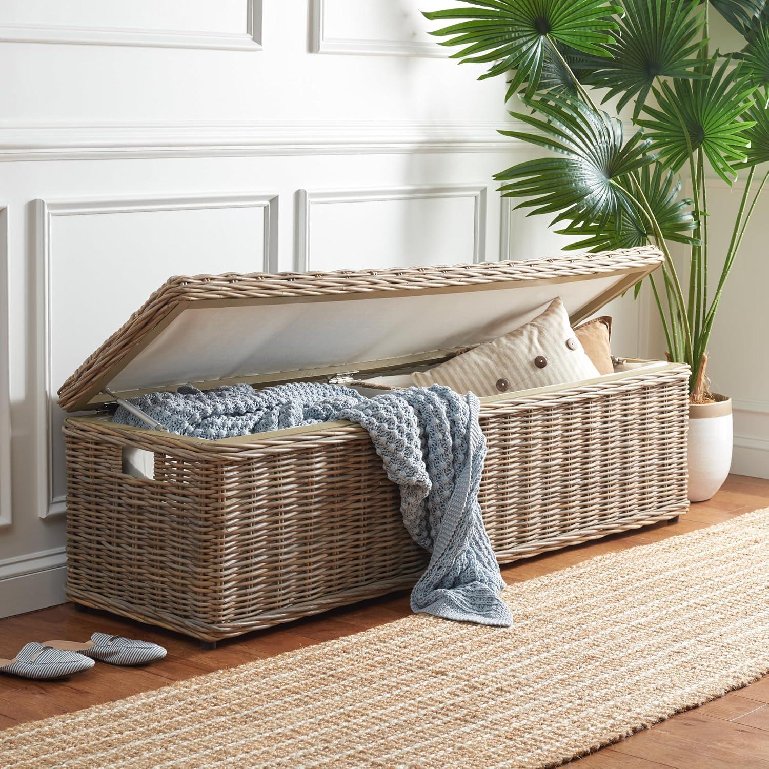 image:imageSAFAVIEH Home Collection Caius Natural Wicker Storage Bench Rustic Rattan Bench with Hinged Lid for Bedroom or Entryway Fully Assembled SEA7017A