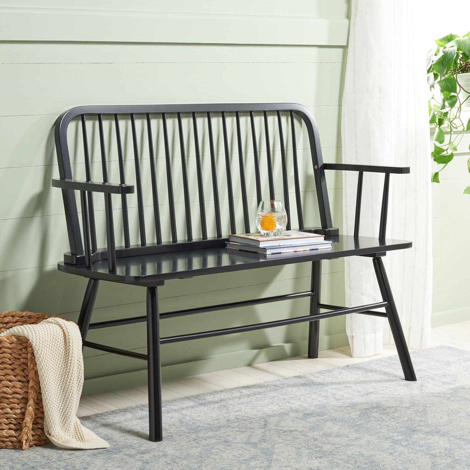 image:imageSAFAVIEH Home Collection Lucilia Spindle Bench White Solid Wood Entryway or Dining Bench Windsor Style Seating BCH8501BBlack