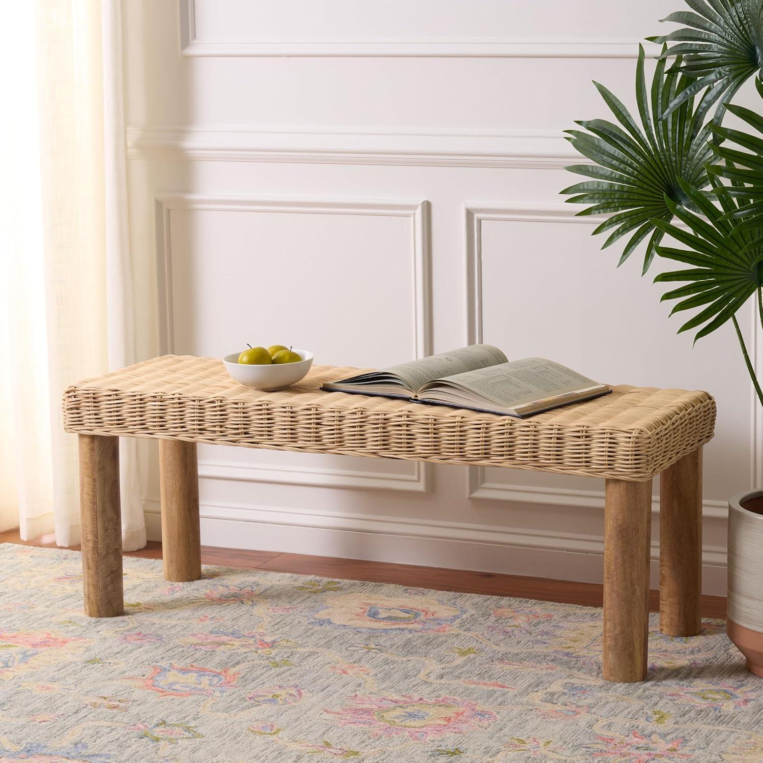 image:imageSAFAVIEH Home Collection Shazza Natural Brown Solid Wood Bench with Woven Seat Fully Assembled BCH6501ANatural