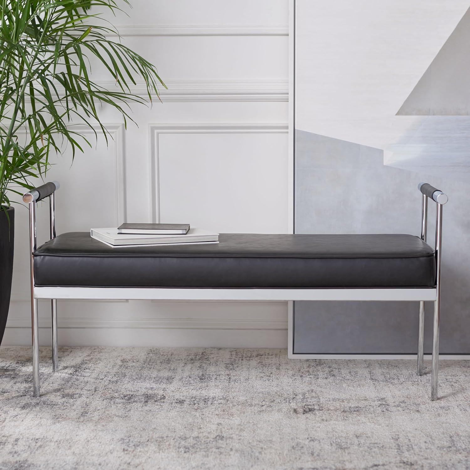image:imageSAFAVIEH Home Collection PIM Navy VelvetChrome Long Rectangle Living Room Bedroom Entryway Foyer Office Hallway Upholstered Bench with ArmsBlack Chrome