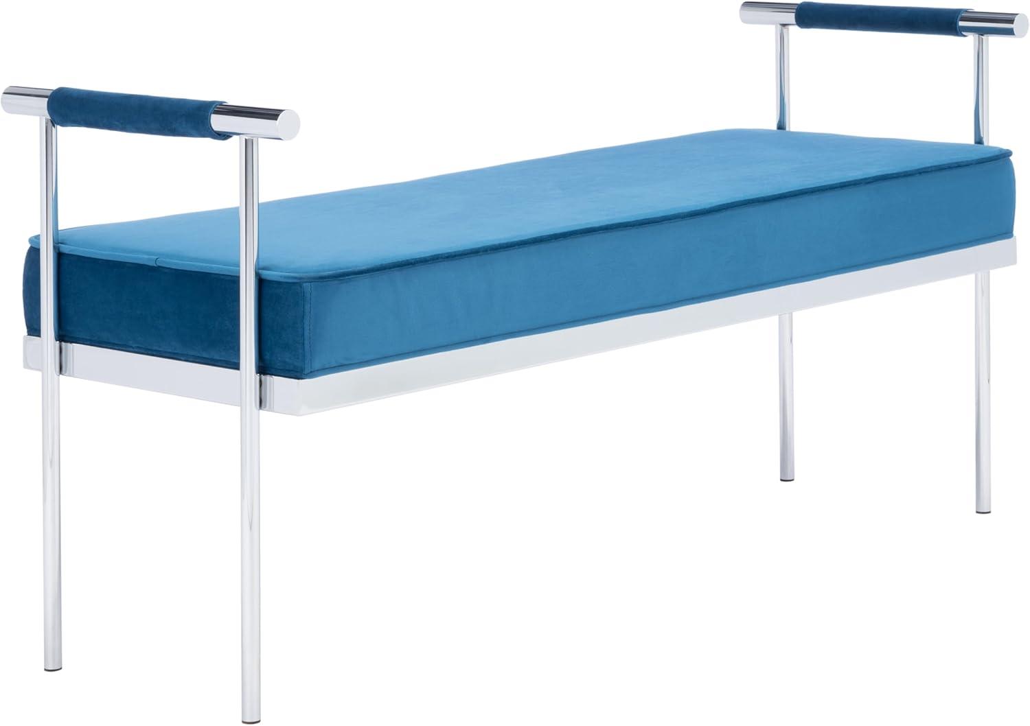 image:imageSAFAVIEH Home Collection PIM Navy VelvetChrome Long Rectangle Living Room Bedroom Entryway Foyer Office Hallway Upholstered Bench with ArmsNavy Chrome