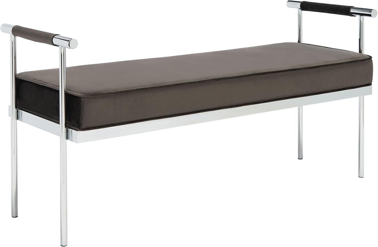 image:imageSAFAVIEH Home Collection PIM Navy VelvetChrome Long Rectangle Living Room Bedroom Entryway Foyer Office Hallway Upholstered Bench with ArmsShale Chrome
