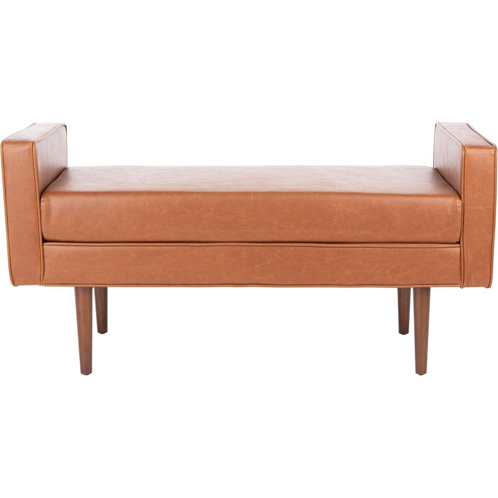 image:imageSafavieh Home Henri MidCentury Light Beige Linen 25inch BenchLight Brown  Walnut