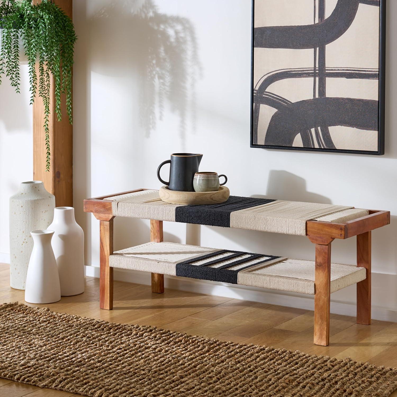 image:imageSAFAVIEH Home Collection Munich Boho Bench Natural amp Black Woven Seat with Brown Solid Wood Frame and Lower Shelf BCH3703ABeige BlackNatural