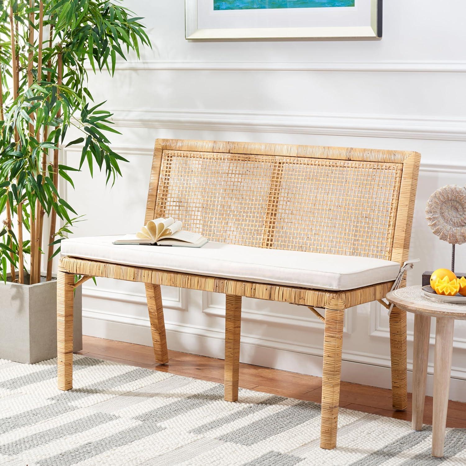 image:imageSAFAVIEH Home Collection Civility Coastal Natural RattanWhite Cushion Antique Webbing Sofa Bench Fully Assembled