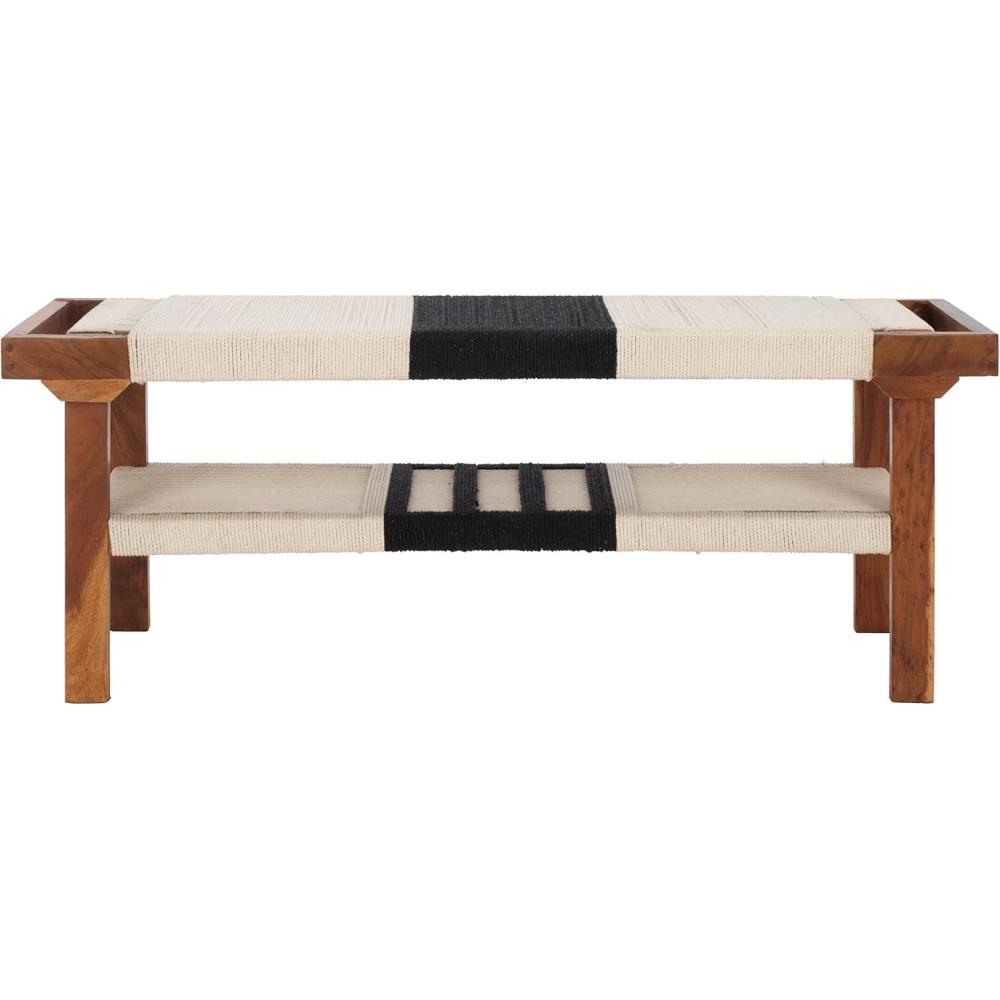 image:imageSAFAVIEH Home Collection Munich Boho Bench Natural amp Black Woven Seat with Brown Solid Wood Frame and Lower Shelf BCH3703ABeige BlackNatural