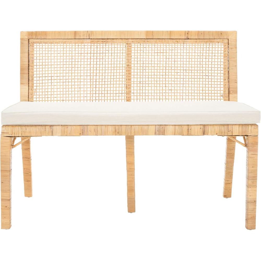 image:imageSAFAVIEH Home Collection Civility Coastal Natural RattanWhite Cushion Antique Webbing Sofa Bench Fully Assembled