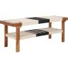 SAFAVIEH Home Collection – Munich Boho Bench, Natural & Black Woven Seat with Brown Solid Wood Frame and Lower Shelf (BCH3703A)(Beige Black/Natural)