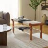 SAFAVIEH Home Collection – Munich Boho Bench, Natural & Black Woven Seat with Brown Solid Wood Frame and Lower Shelf (BCH3703A)(Beige Black/Natural)