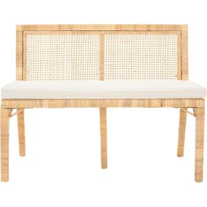 SAFAVIEH Home Collection Civility Coastal Natural Rattan/White Cushion Antique Webbing Sofa Bench (Fully Assembled)
