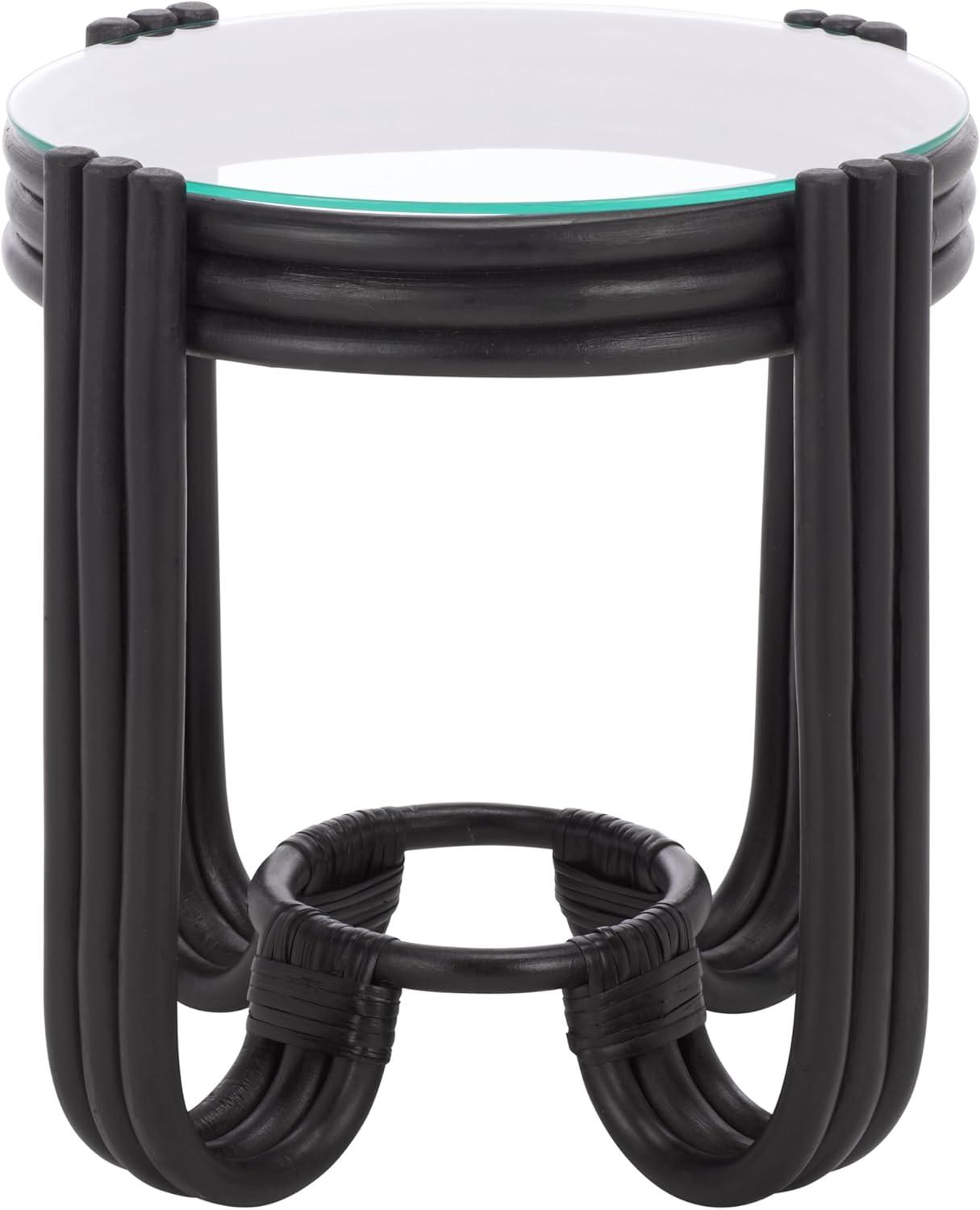 image:imageSAFAVIEH Home Collection Bilian Round Accent Table Black Rattan Base with Tempered Glass Top Fully Assembled Accent Table for Living Room or Bedroom ACC9900CBlack