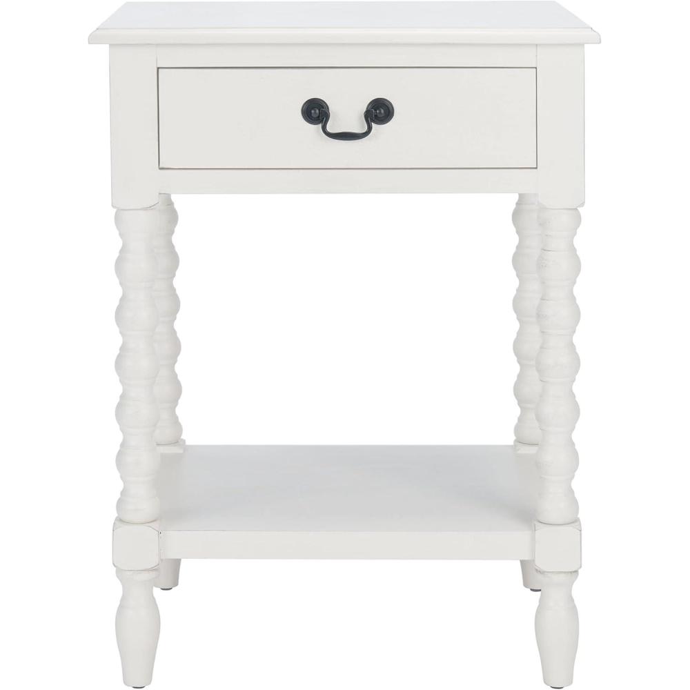 image:imageSAFAVIEH Home Collection  Athena Distressed White Accent Table with Drawer amp Shelf Farmhouse Storage Nightstand Turned Leg Design ACC5703ADistressed White