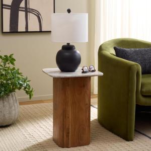 SAFAVIEH Home Collection – Marisa Marble Side Table, Brown & White Marble Top, Solid Acacia Wood Pedestal Base, Accent Table for Living Room or Bedroom (ACC2917A)(Brown and White/Brown)