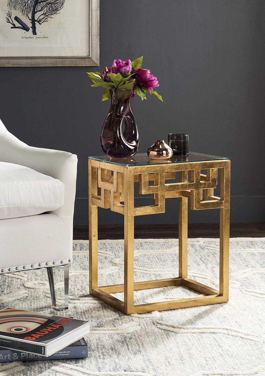 image:imageSAFAVIEH Home Collection Byram Greek Key Antique Gold Glass Top End Table Fully Assembled Modern Glam Accent Table FOX2574A