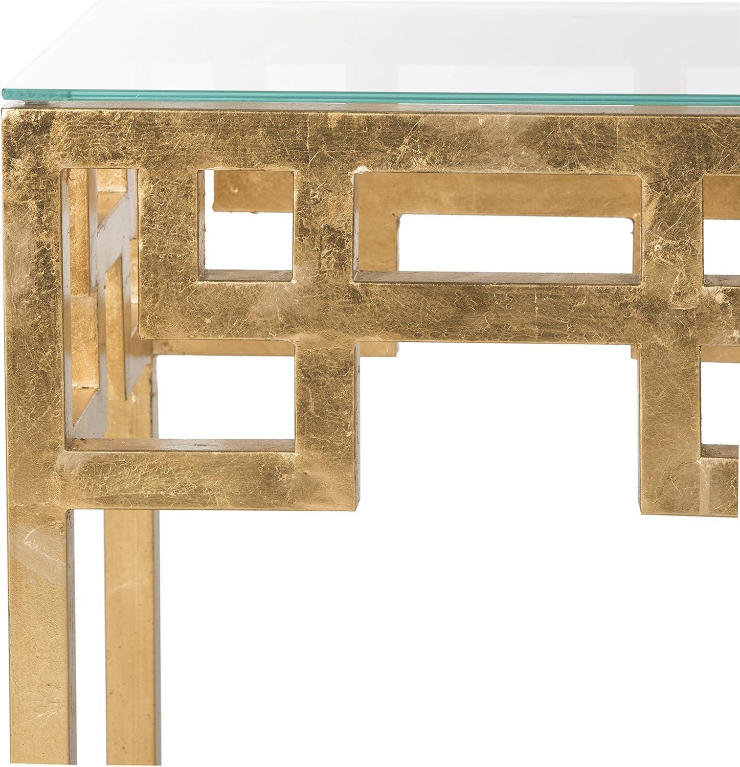 image:imageSAFAVIEH Home Collection Byram Greek Key Antique Gold Glass Top End Table Fully Assembled Modern Glam Accent Table FOX2574A