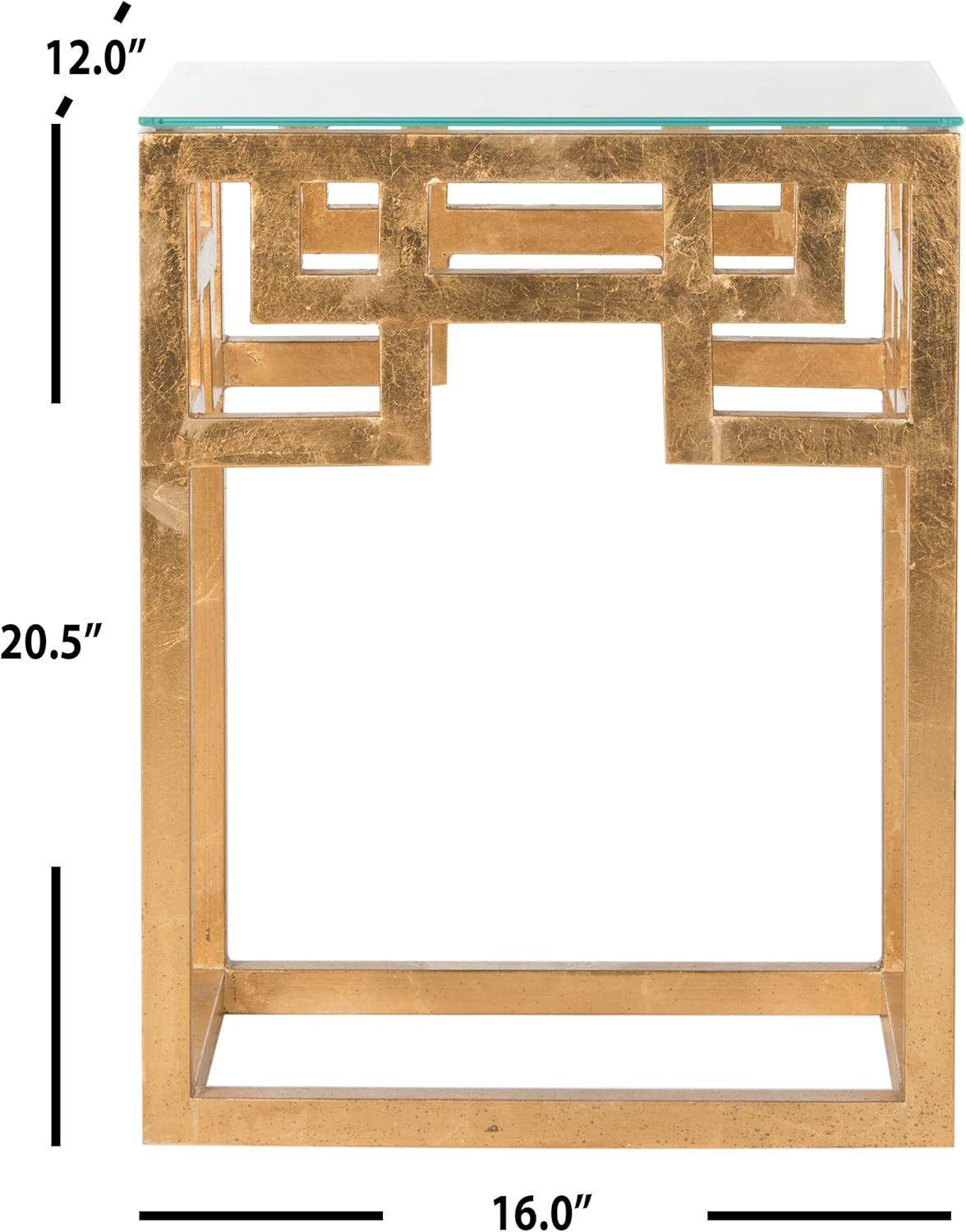 image:imageSAFAVIEH Home Collection Byram Greek Key Antique Gold Glass Top End Table Fully Assembled Modern Glam Accent Table FOX2574A