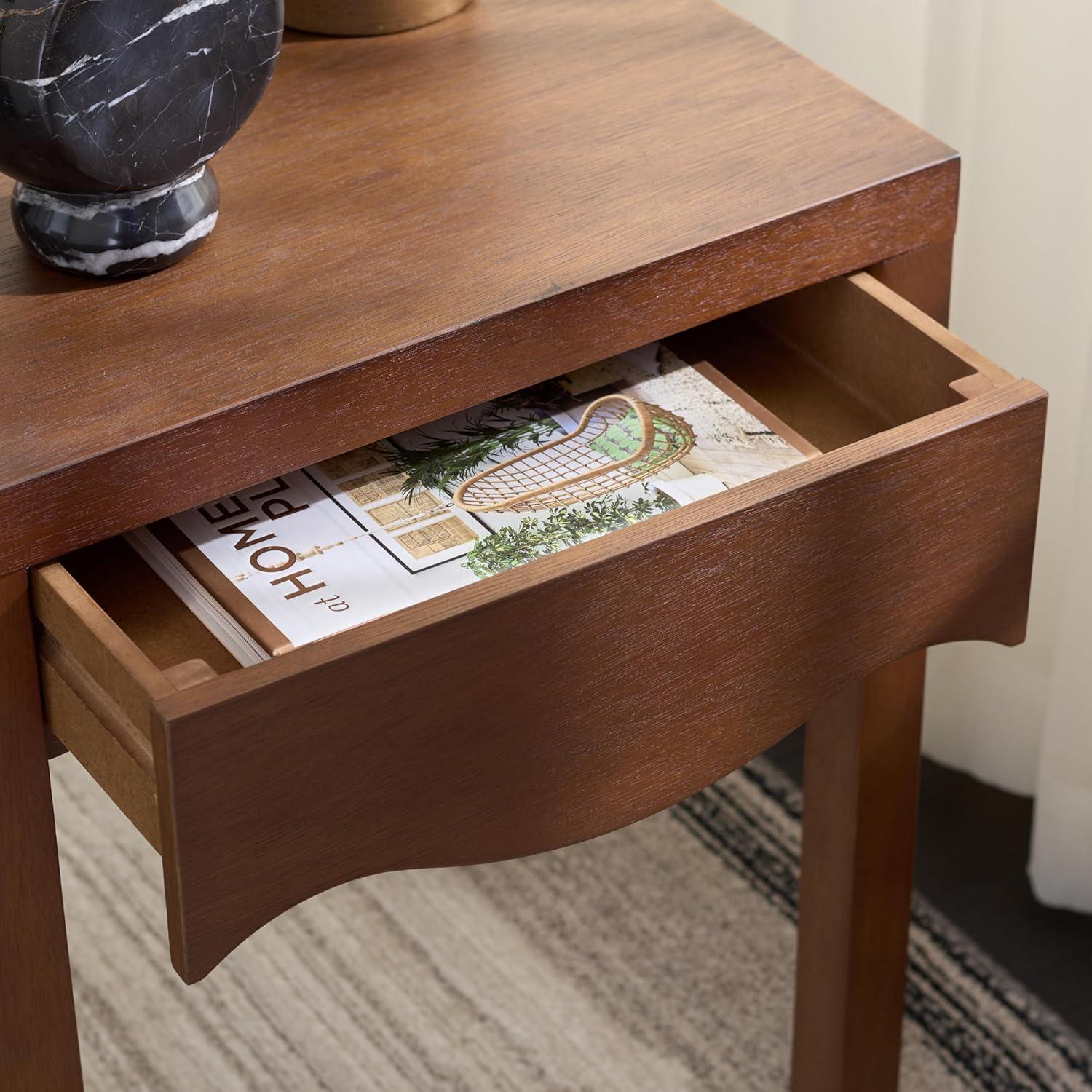 image:imageSAFAVIEH Home Collection Kannie Dark Oak Accent Table 1 Drawer Side Table Scalloped Apron Detail Fully Assembled ACC6614ADark Oak