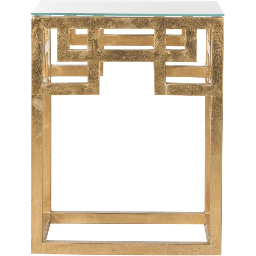 image:imageSAFAVIEH Home Collection Byram Greek Key Antique Gold Glass Top End Table Fully Assembled Modern Glam Accent Table FOX2574A