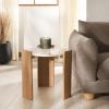 SAFAVIEH Couture Collection – Damarcus Travertine & Solid Wood Accent Table, Round Top, Classic Sculptural Design (SFV9705A)(Natural/Travertine)