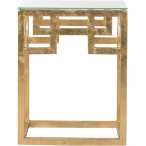 SAFAVIEH Home Collection – Byram Greek Key Antique Gold Glass Top End Table, Fully Assembled, Modern Glam Accent Table (FOX2574A)