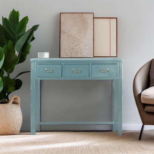 image:imageSAFAVIEH Home Collection Cindy White Console Table with Three Drawers French Farmhouse Storage Console Tapered Leg Design AMH6568CTeal