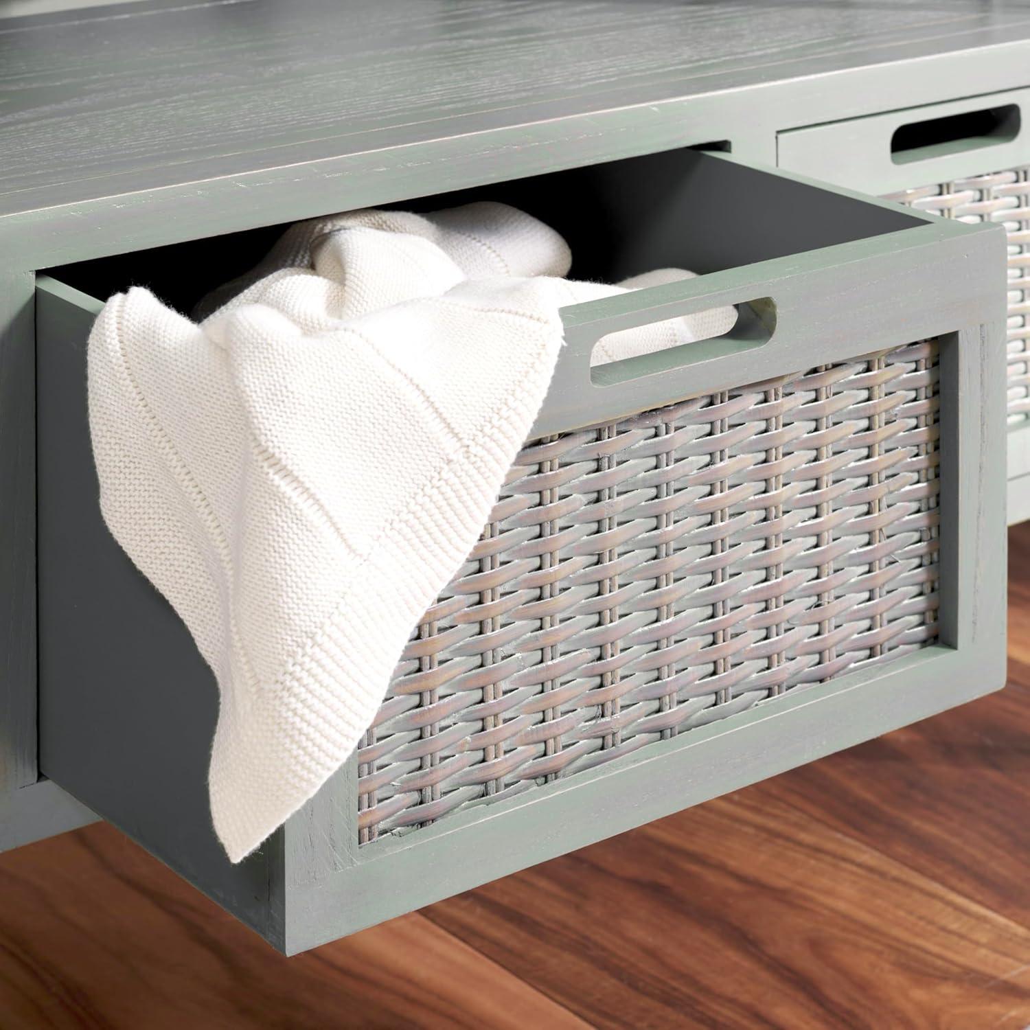 image:imageSAFAVIEH Home Collection Joshua Ash Grey 3Drawer Console Table with Shelf Wicker Front Storage Drawers FarmhouseInspired Accent Console for Entryway or Living Room AMH6532BAsh Grey